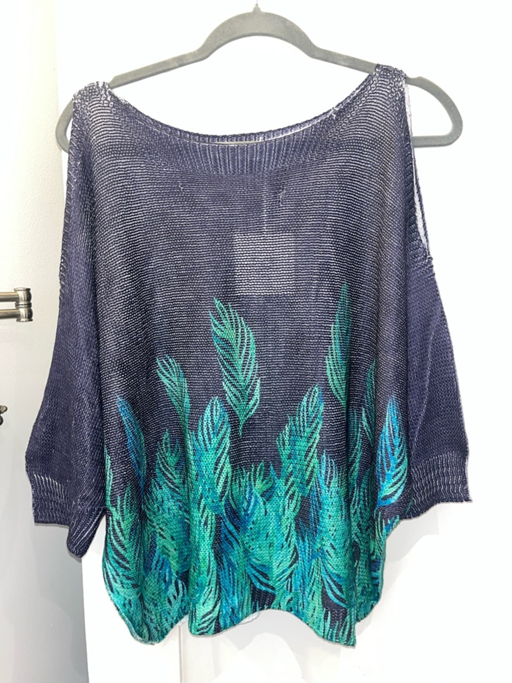 Cold Shoulder Woven Navy Knit Sweater with Teal Feather Print
